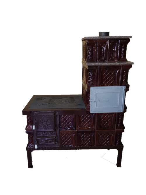 Mobilny piec terakotowy Gospodarul, 5 rzędów, płyta grzewcza środkowa, zasilanie i piekarnik po prawej, brązowy, 140 cm x 101 cm x 46 cm